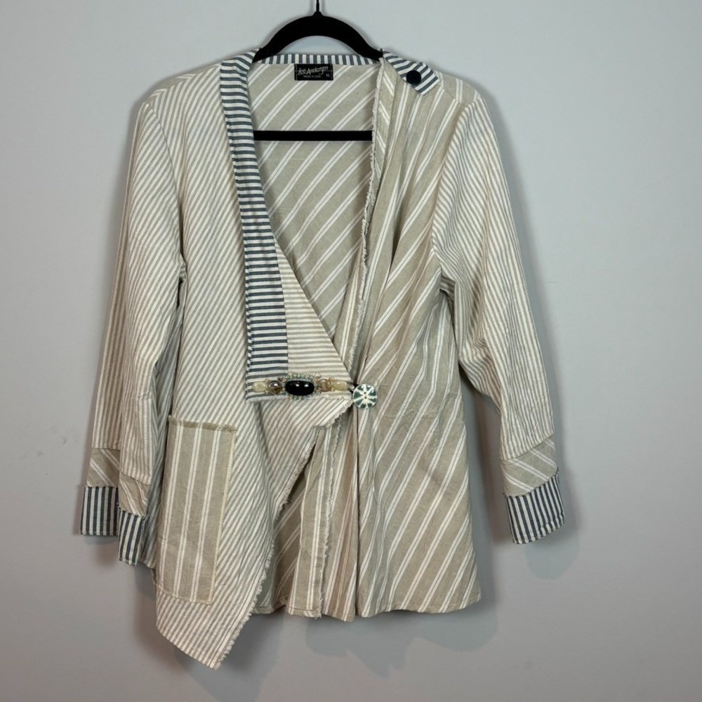 Lee Andersen Beige & White Striped Asymmetrical Blazer Jacket
